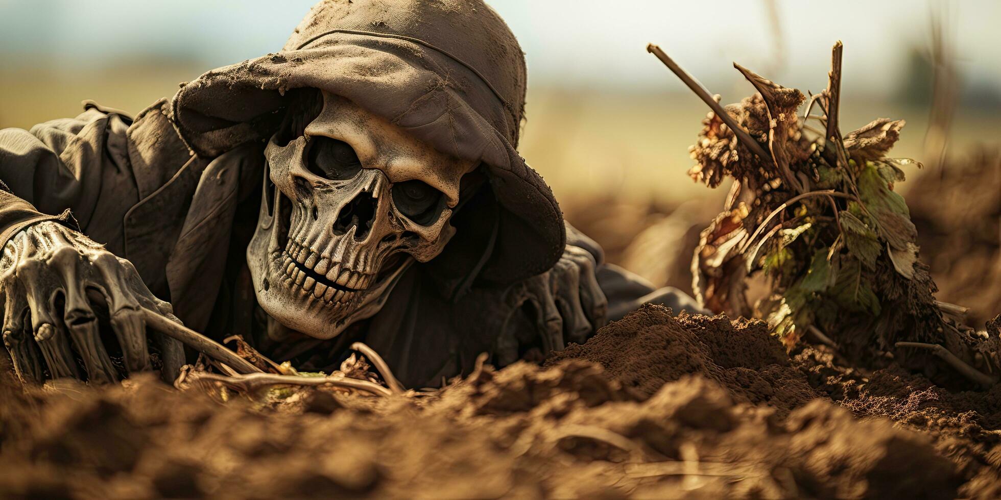 A skeleton lay on the spooky ground. Skeleton like death by Generative AI photo