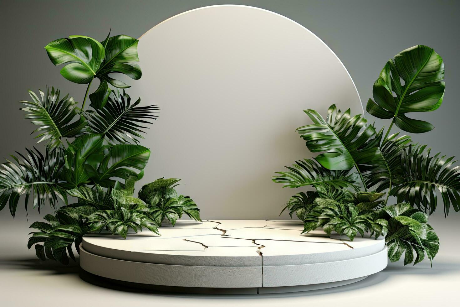 3d hacer de blanco antecedentes con tropical hojas y podios, 8k por generativo ai foto
