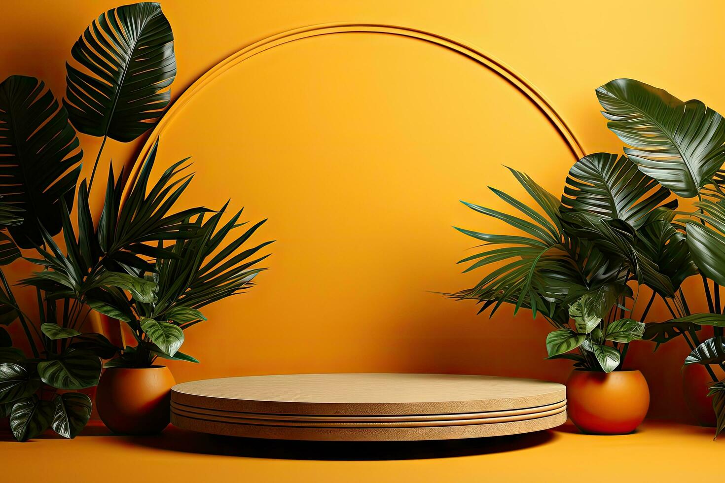 3D render of yellow background with tropical leaves and podiums, 8k by Generative AI photo