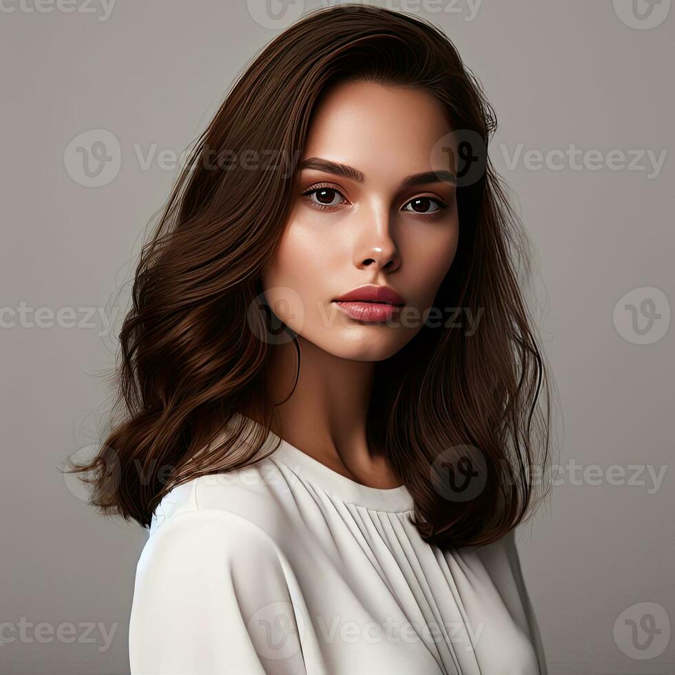 AI Generative Fashion interior photo of beautiful sensual woman with dark hair in elegant clothes