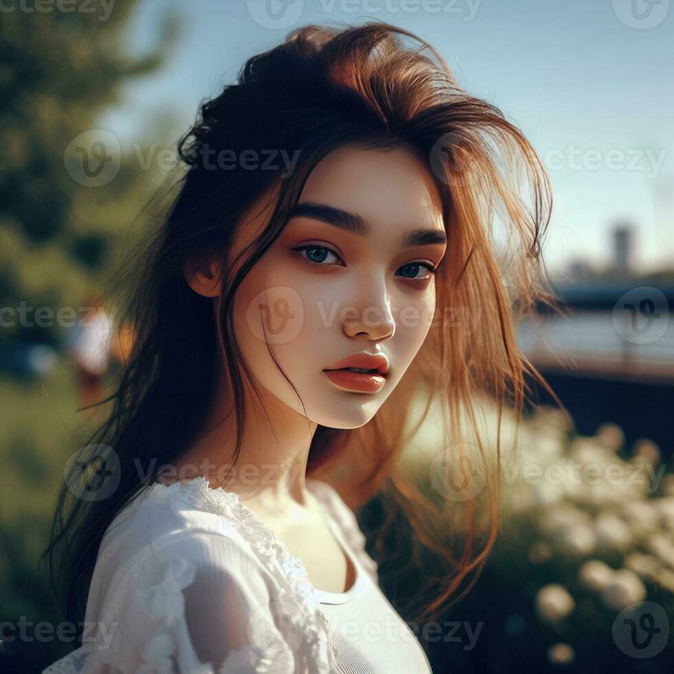 AI Generative Fashion interior photo of beautiful sensual woman with dark hair in elegant clothes