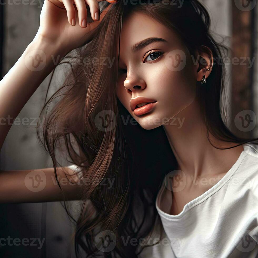 AI Generative Fashion interior photo of beautiful sensual woman with dark hair in elegant clothes