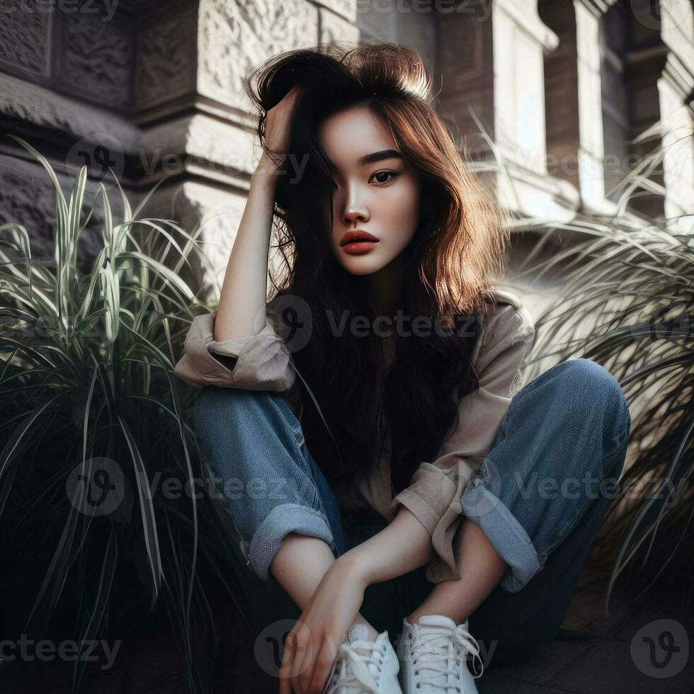 AI Generative Fashion interior photo of beautiful sensual woman with dark hair in elegant clothes