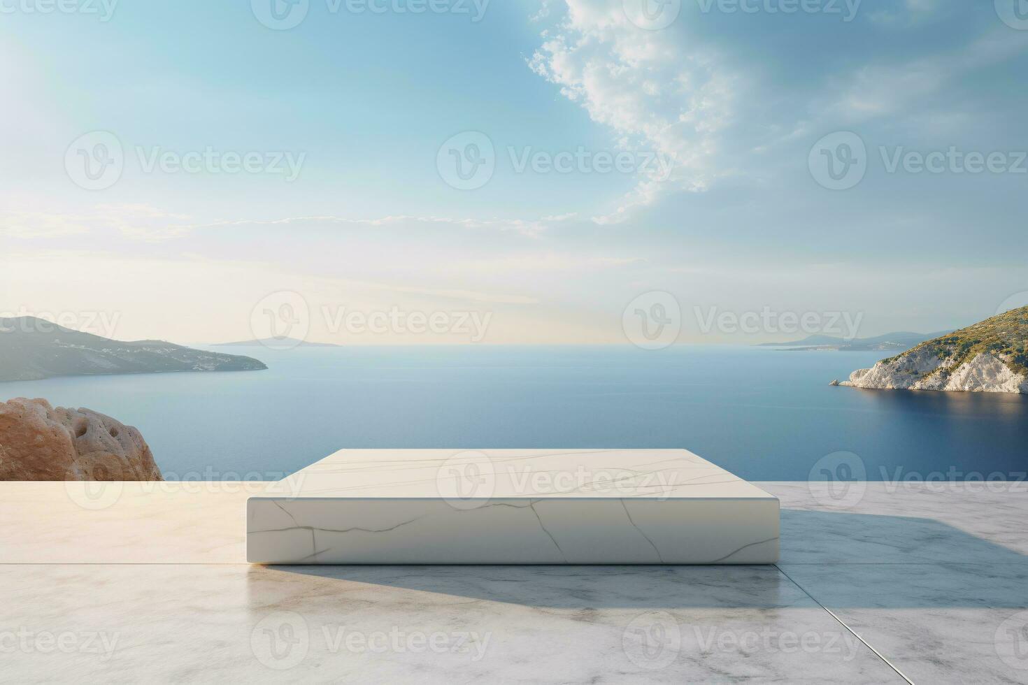 White Marble Podium with Sea View Background. AI Generative photo