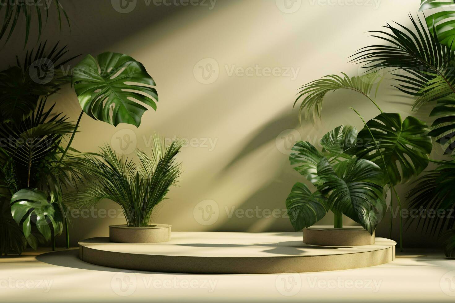 Podium Product Display Presentation with Sandstone and Plants. AI Generative photo
