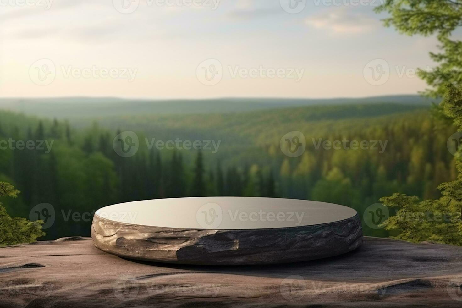 Gray Rock Pedestal with Product Display in Green Forest Landscape. AI Generative photo