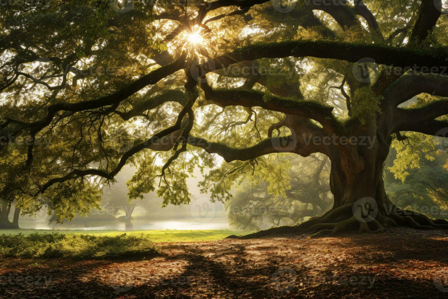 Old Oak Tree Foliage in Morning Light, Majestic Nature Photography. AI Generative photo
