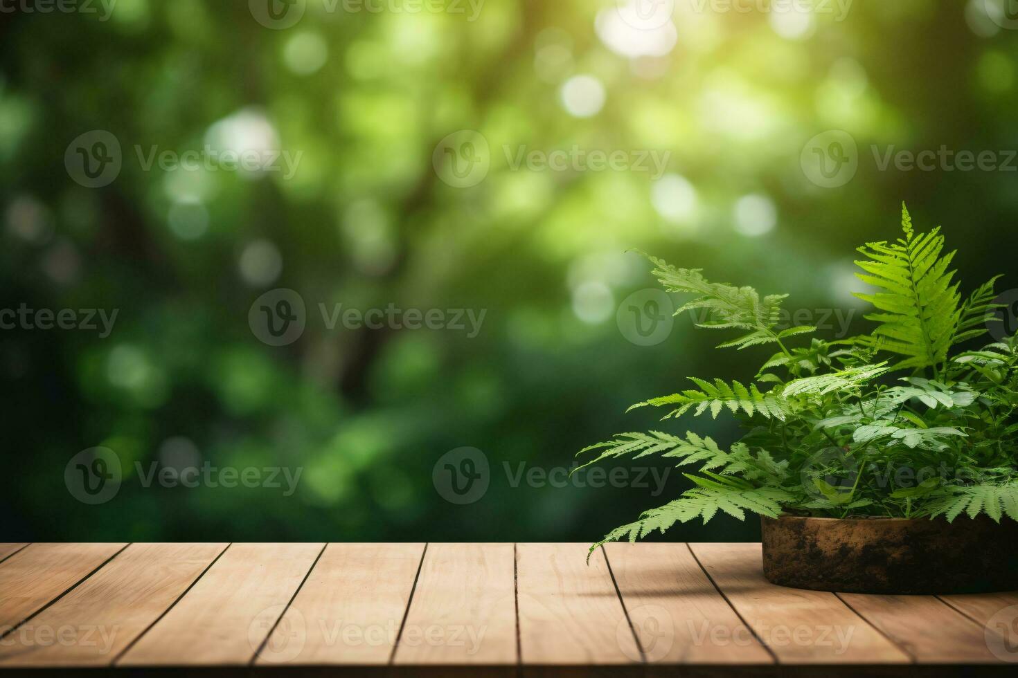 Empty Wooden Tabletop Podium in Garden Open Forest with Blurred Green Plants Background for Organic Product Presentation. AI Generative photo