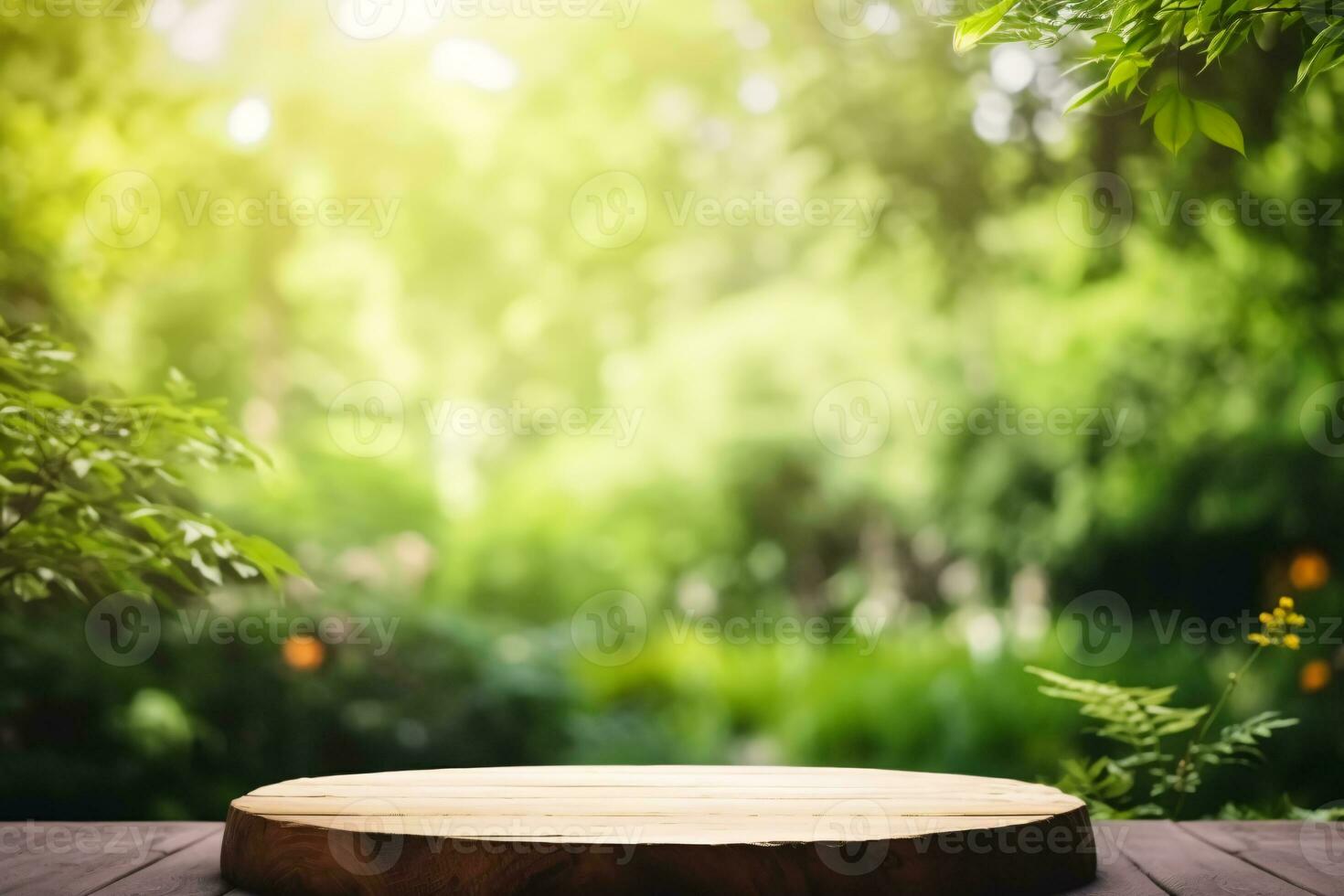Empty Wooden Tabletop Podium in Garden Open Forest with Blurred Green Plants Background for Organic Product Presentation. AI Generative photo