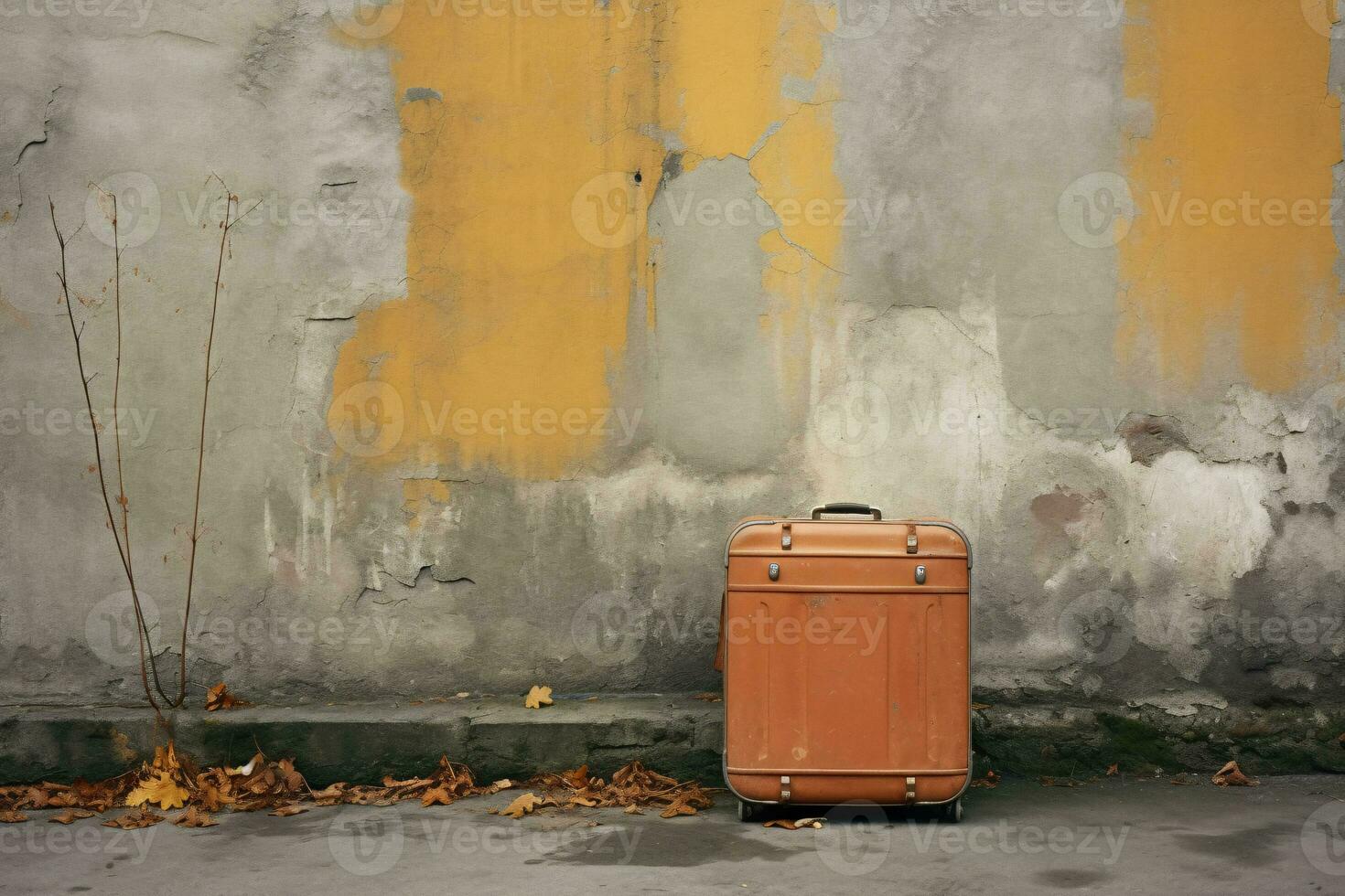 Vintage Suitcase on Old Grunge Wall. Travel Photography. AI Generative photo