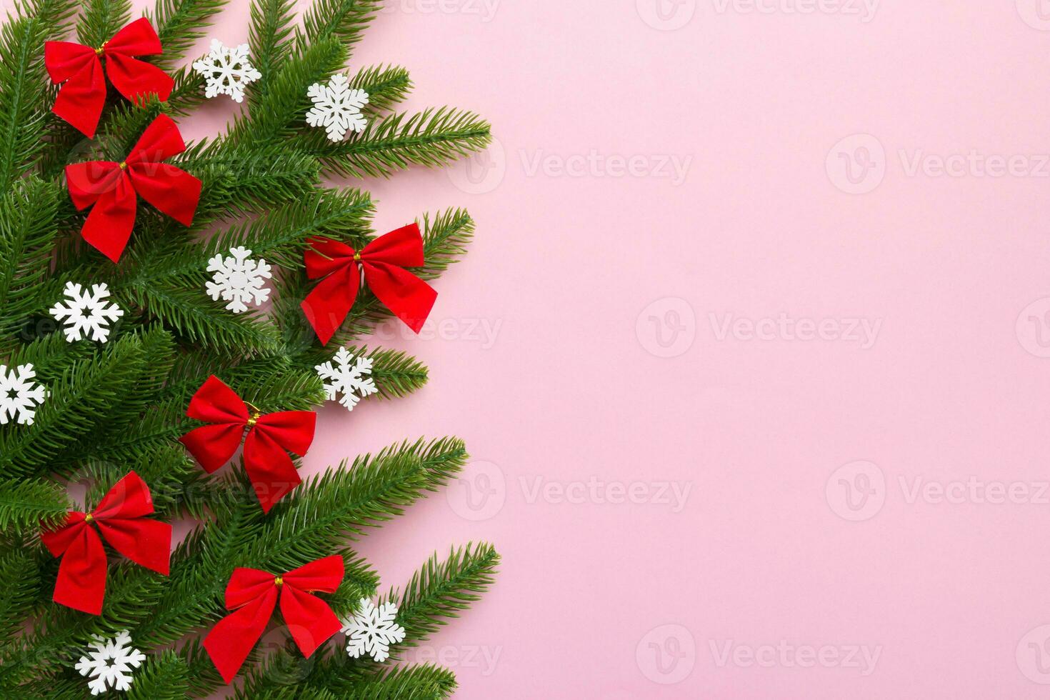 Christmas background with fir branches and Christmas decor. Top view, copy space for text photo