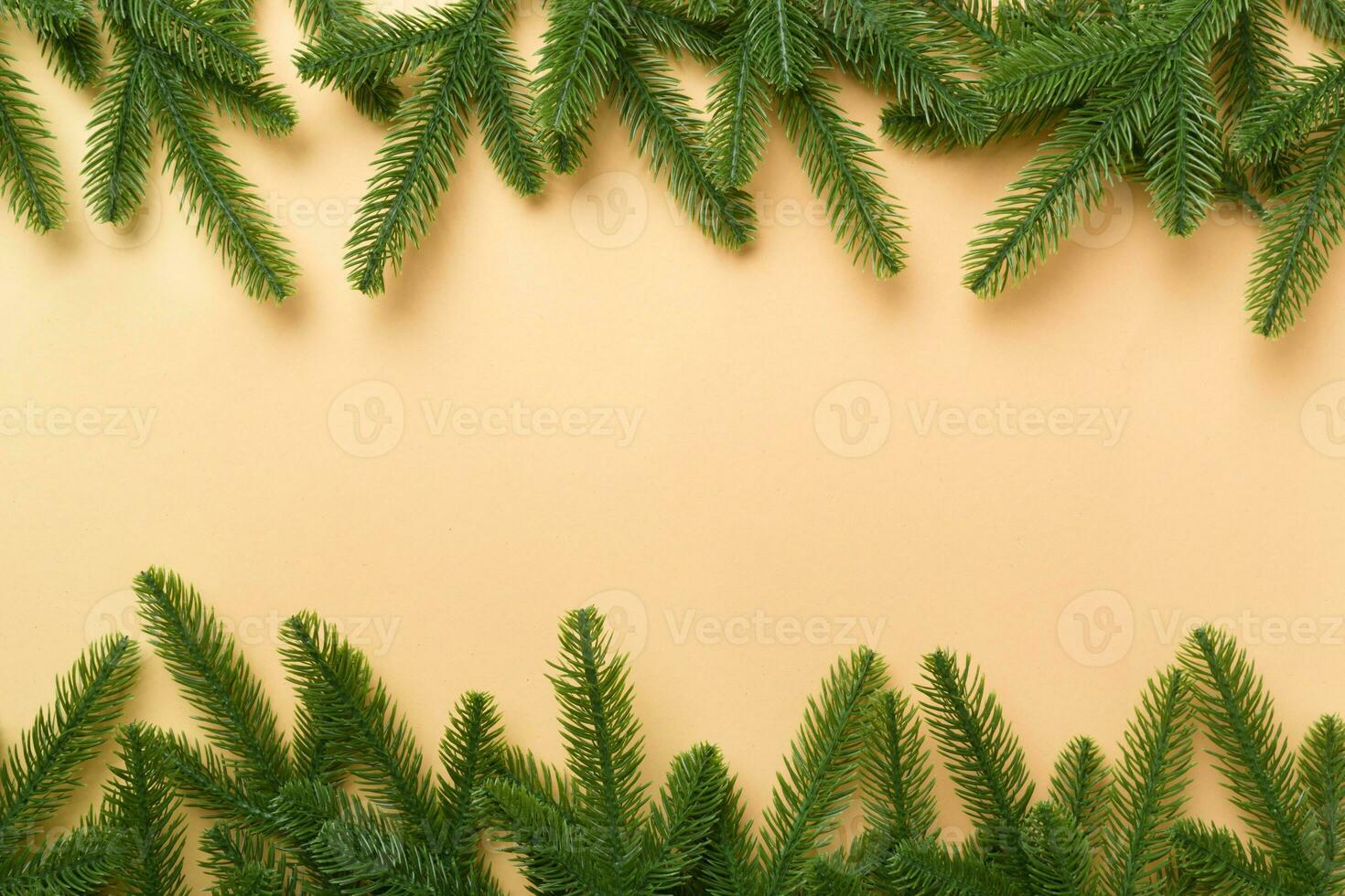 Christmas holiday background with copy space for advertising text. Fir branches on color background . Flat lay, top view photo