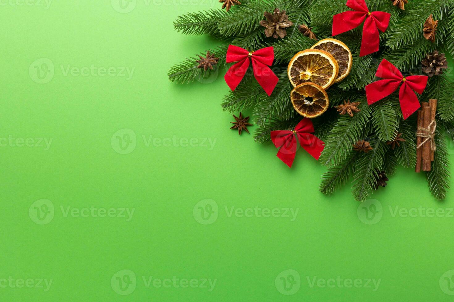 Christmas background with fir branches and Christmas decor. Top view, copy space for text photo