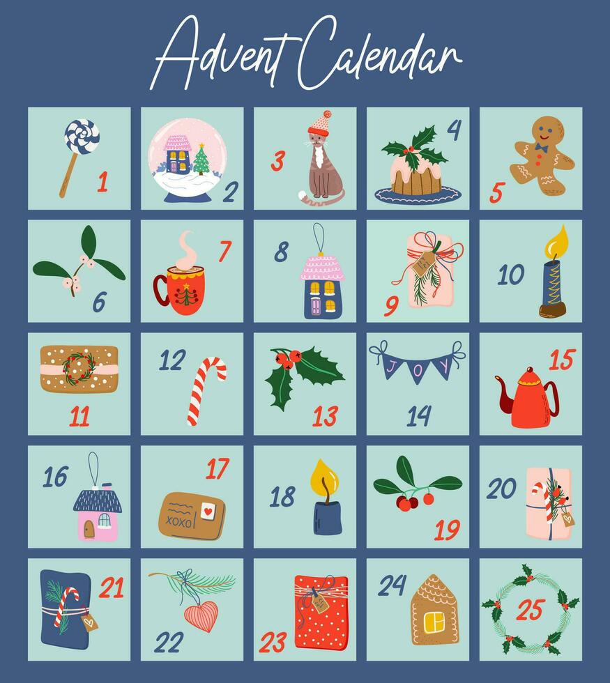 Christmas Advent Calendar with cute hand drawn elements. Xmas poster with holiday symbols. 25 countdown cards. Vector illustration.