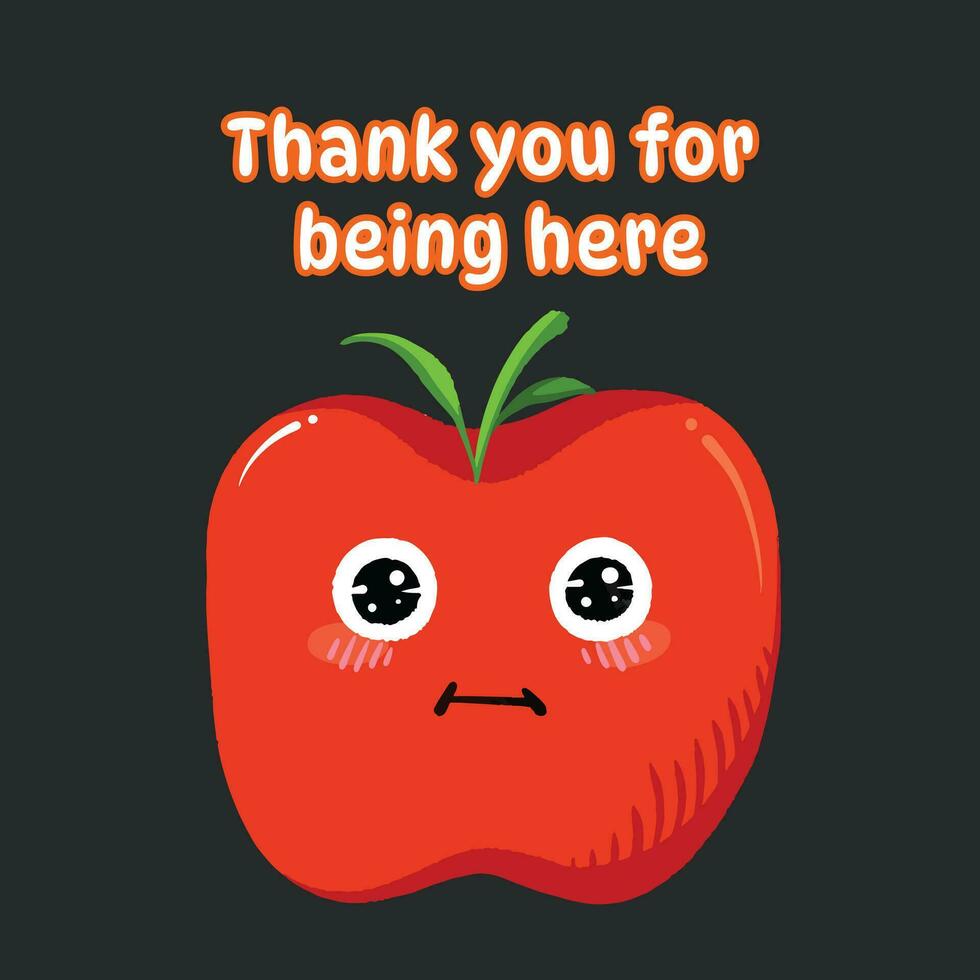 Cute red apple with sparkly eyes. Thank you for being here expression. Simple flat minimalist cartoon art styled drawing. Very adorable food illustration mascot isolated on dark square background. vector