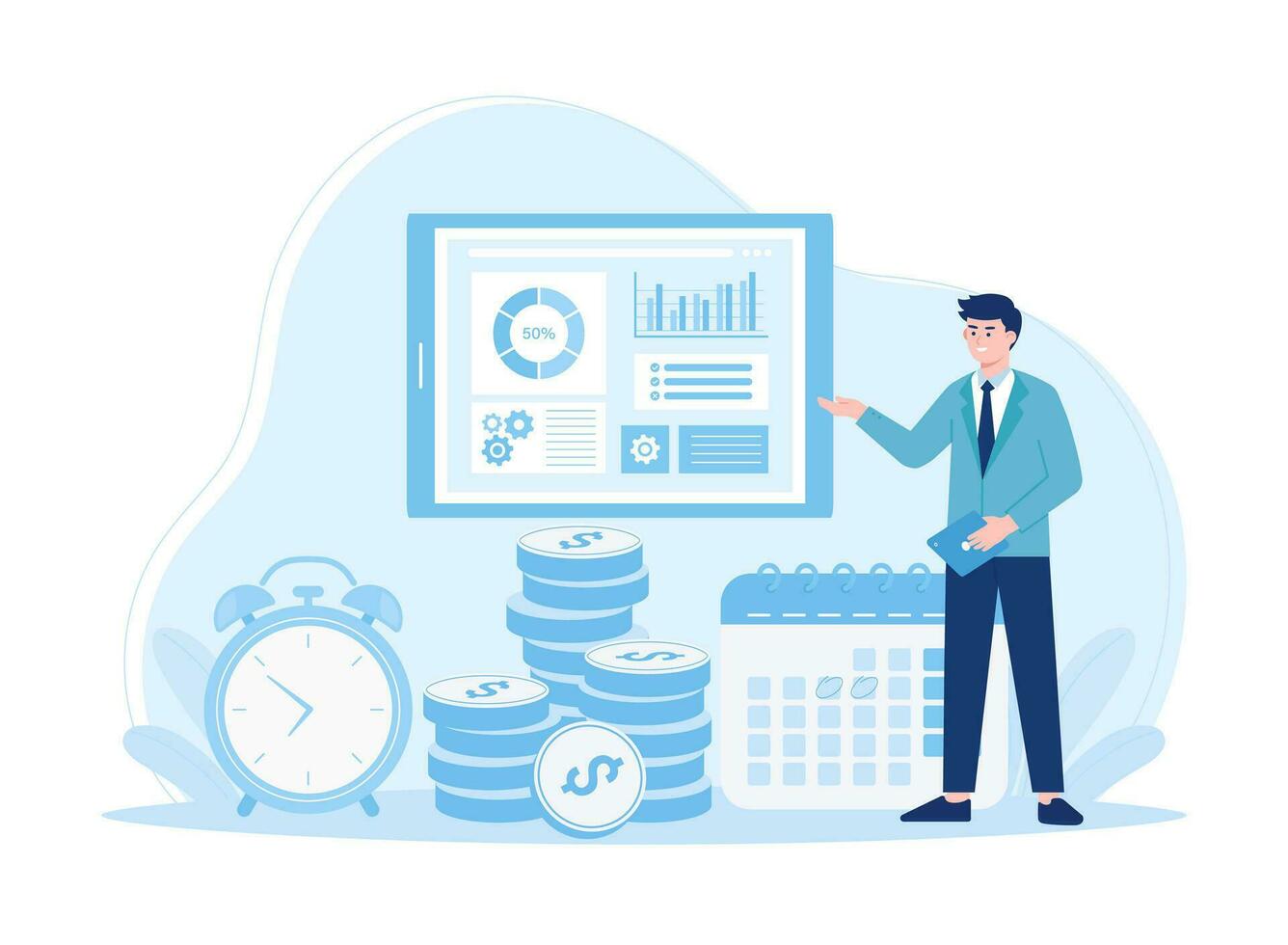 Man doing annual financial check in business concept flat illustration vector