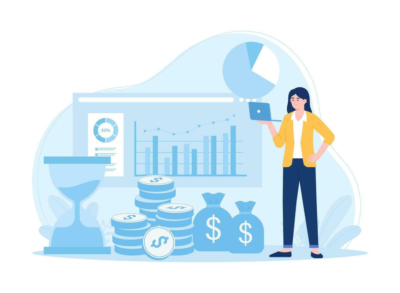 A business woman is analyzing the results of the annual financial report concept flat illustration vector