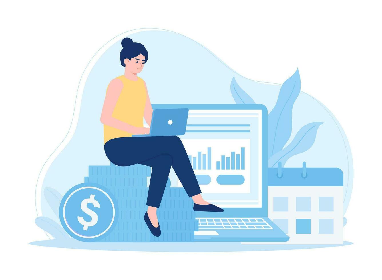 A business woman is analyzing the results of the annual financial report concept flat illustration vector