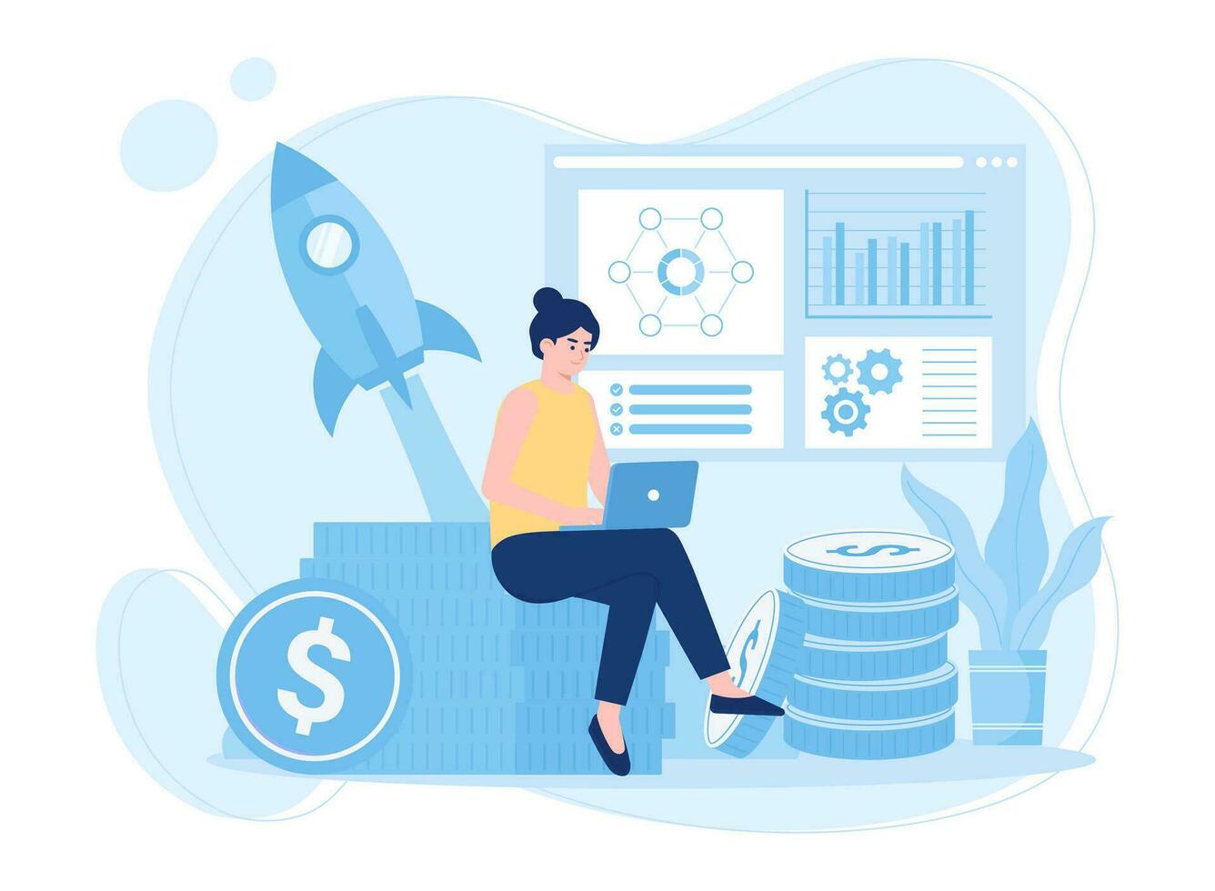 A business woman is analyzing the results of the annual financial report concept flat illustration vector