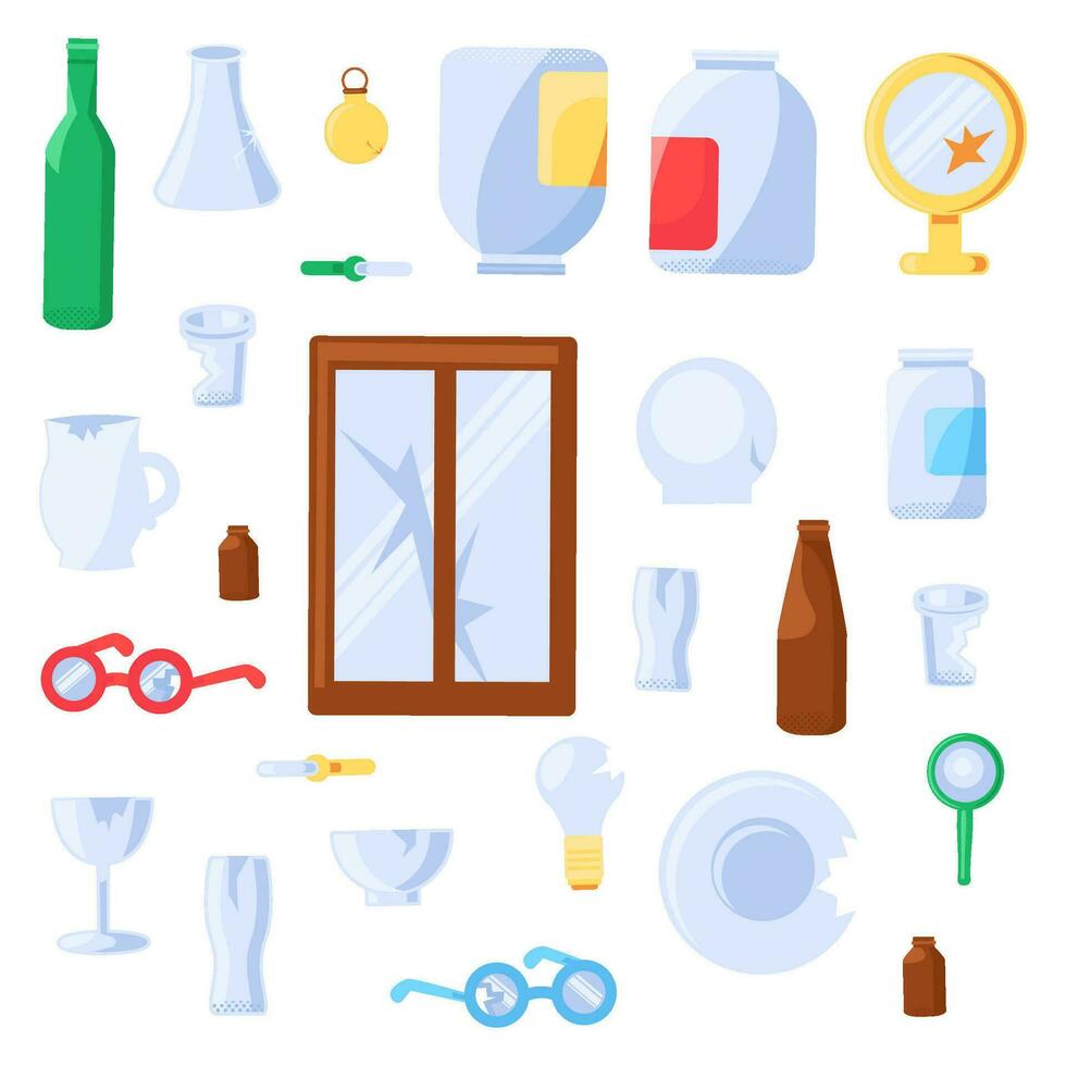 Broken Old Unwanted Glass Objects Collection vector