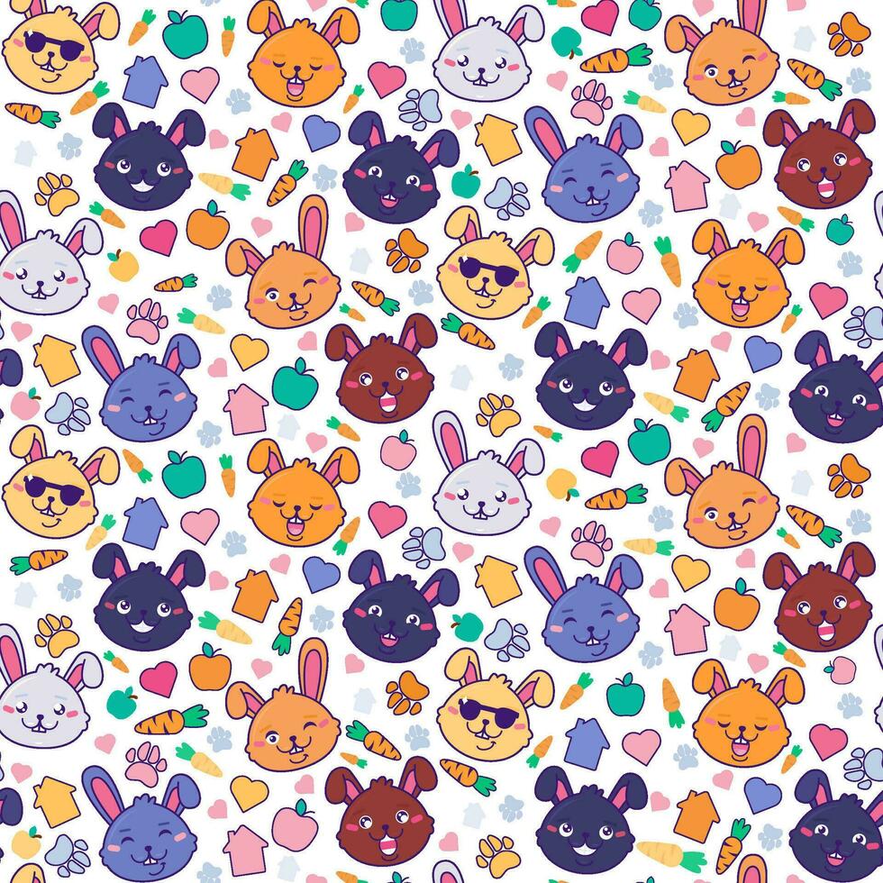 Funny Hares Pets Muzzles and Food Seamless Pattern vector