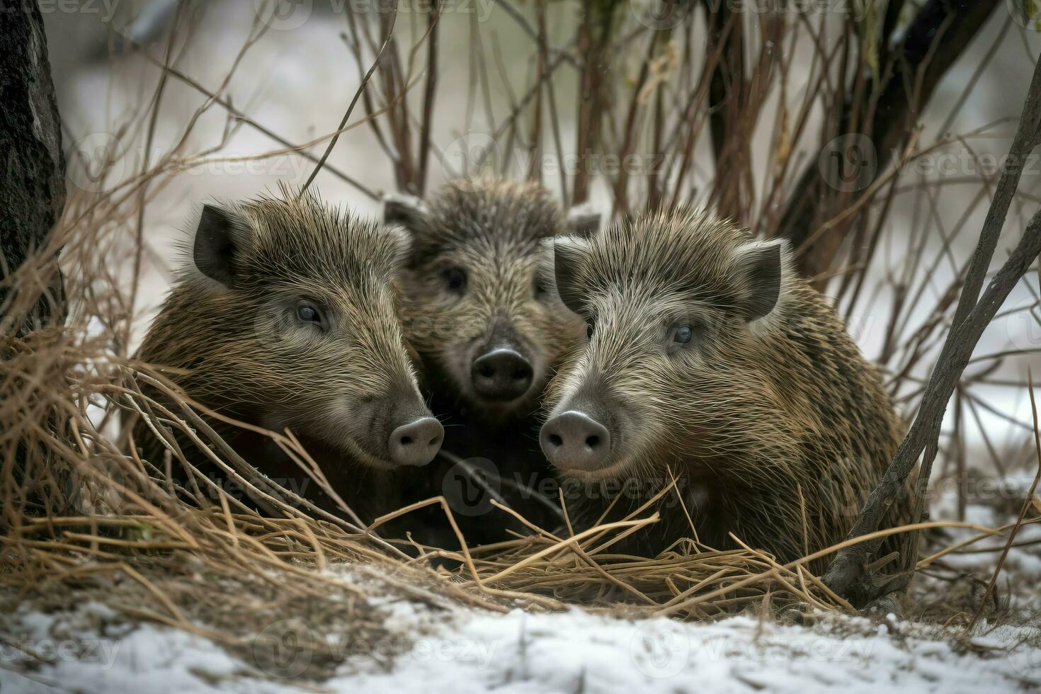 Group of javelina animals in winter season. Generate ai photo
