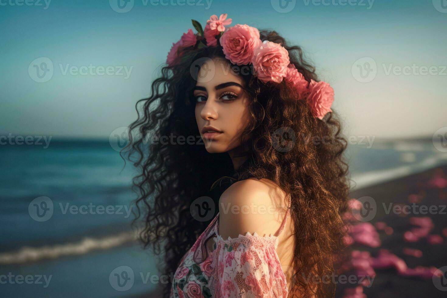 Woman curly pink flower outdoor photo. Generate Ai photo
