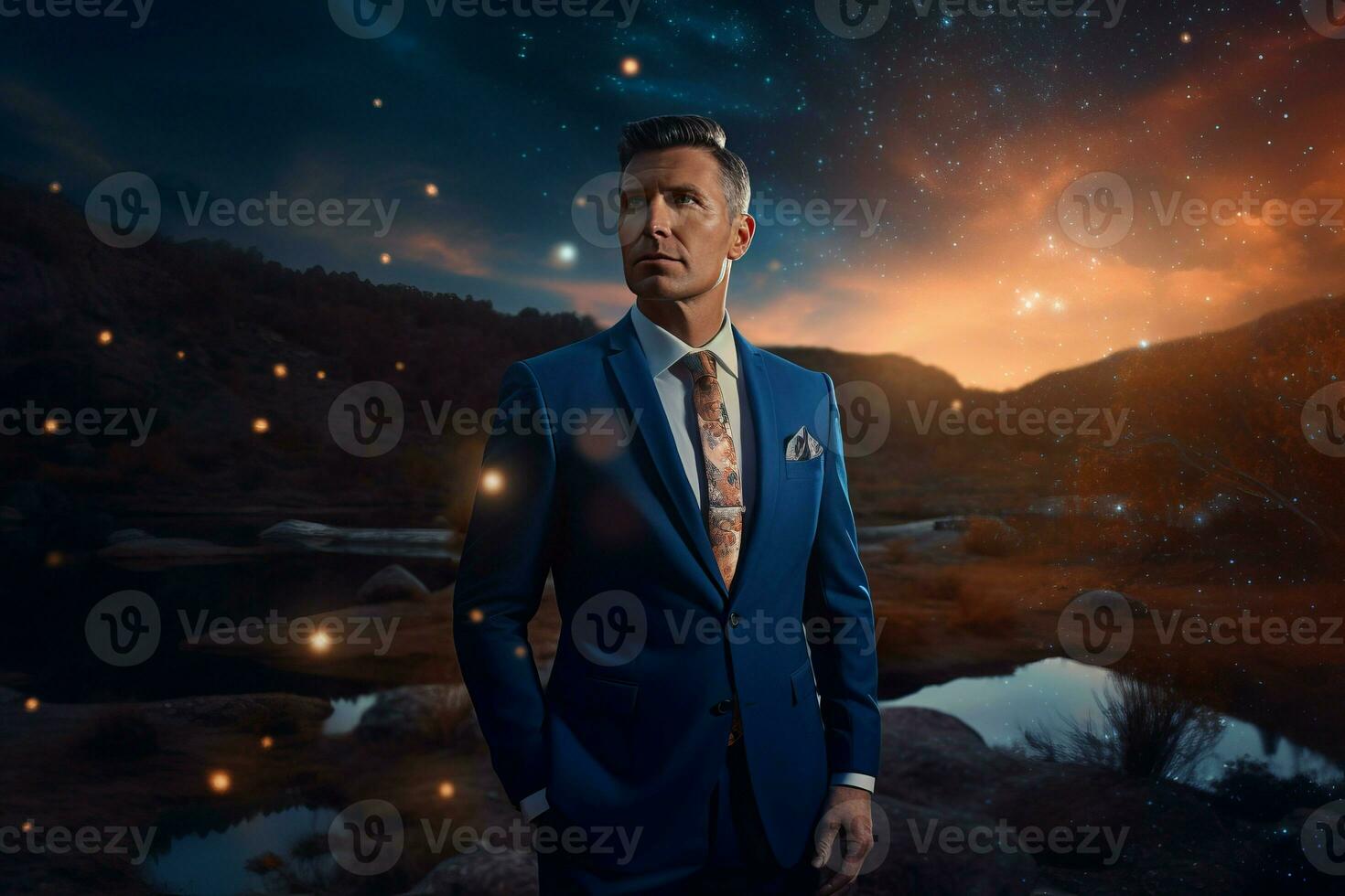 Handsome western man in blue suit on scenic nature view. Generate ai photo