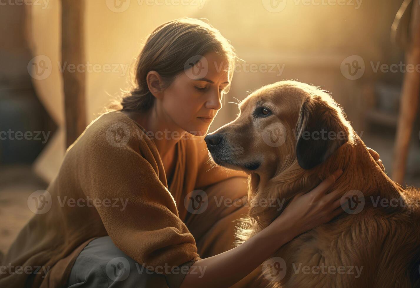Woman hugging with golden Retriever dog. Generate ai photo