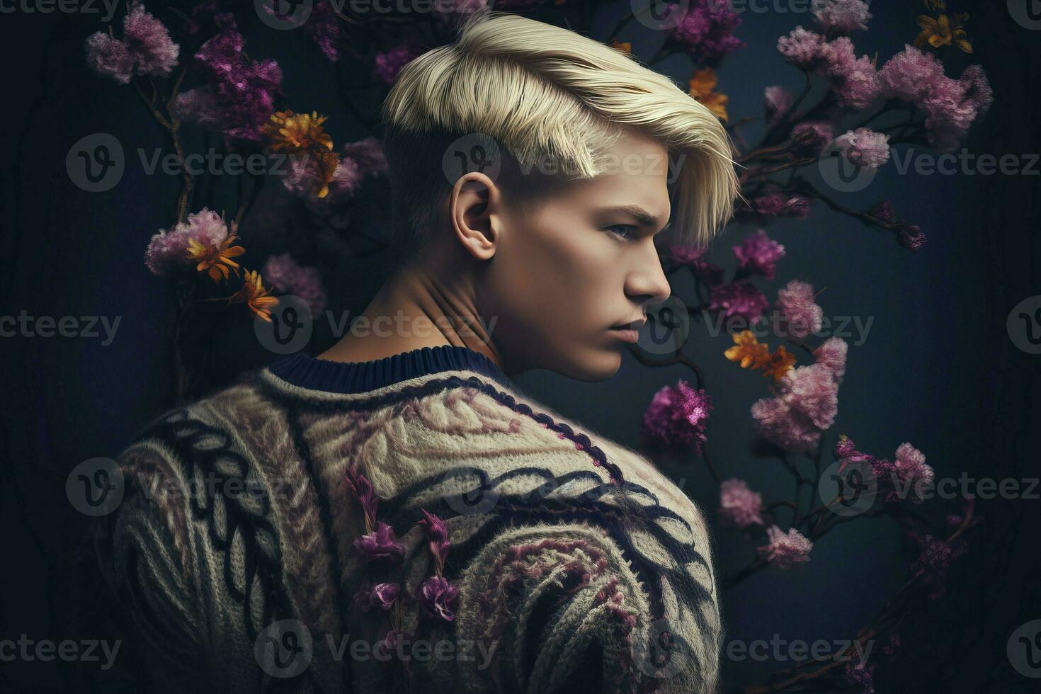 Handsome blonde male posing on floral background. Generate ai photo