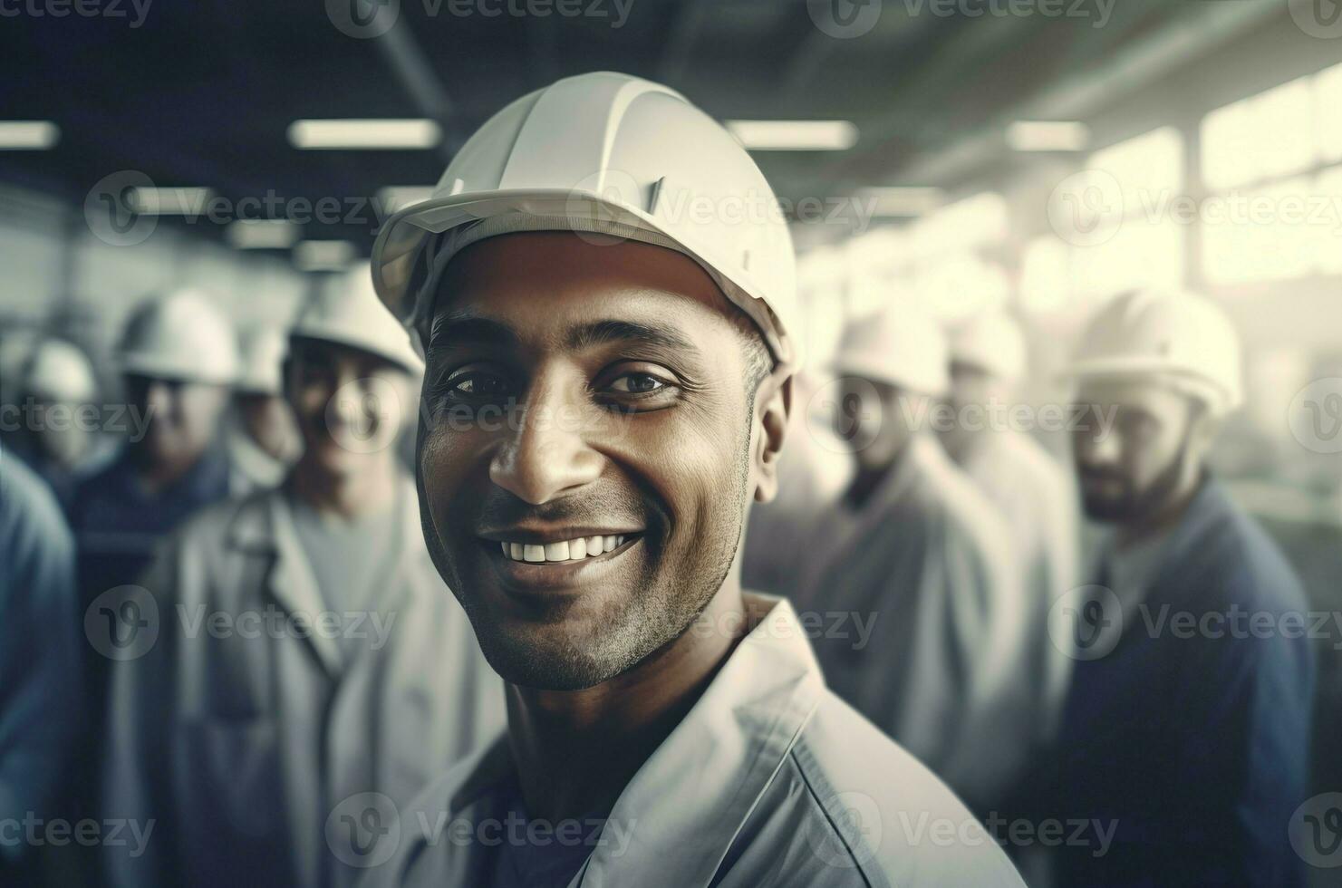 sonriente fábrica trabajadores foto gerente. generar ai