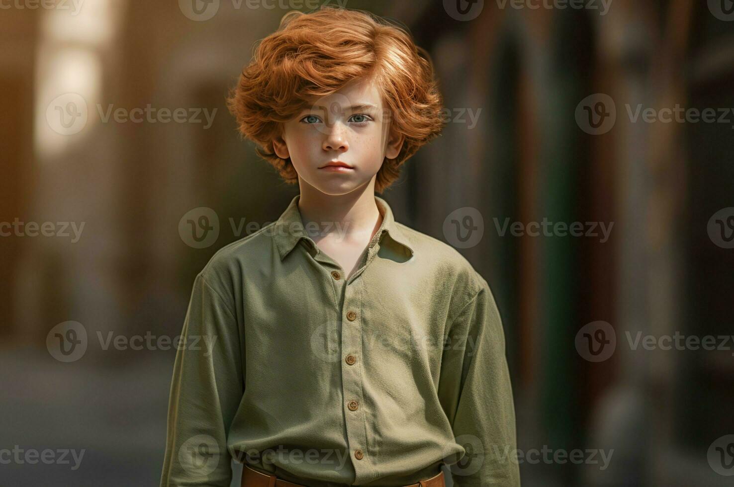 Red hair boy hands in pants portrait at sunny day. Generate Ai photo
