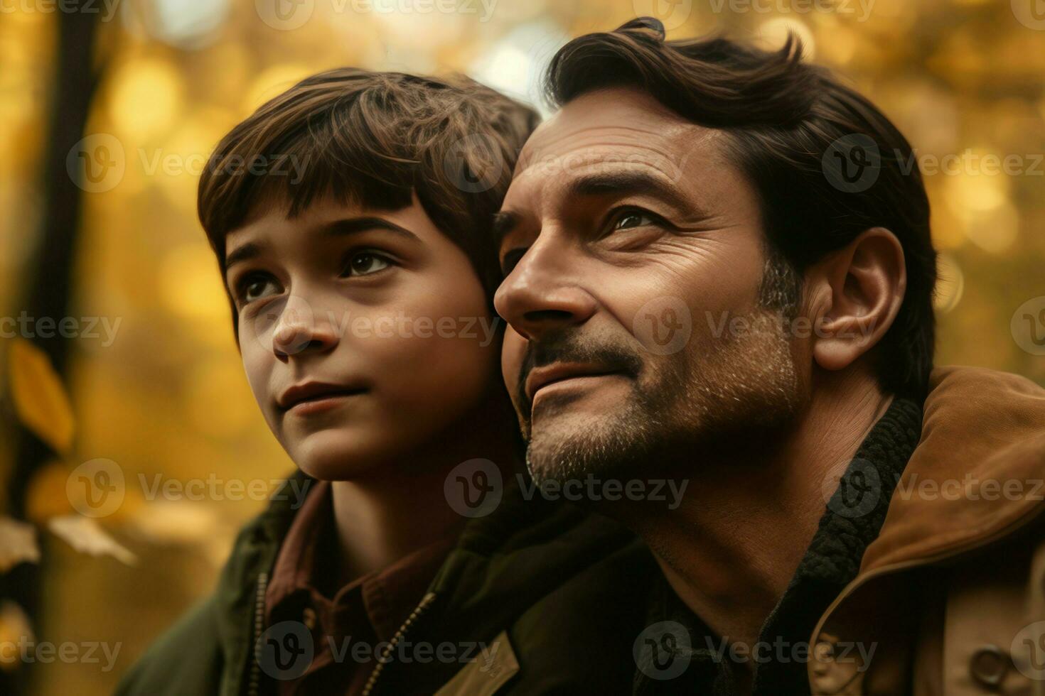 Father and son autumn forest walk portrait. Generate Ai photo
