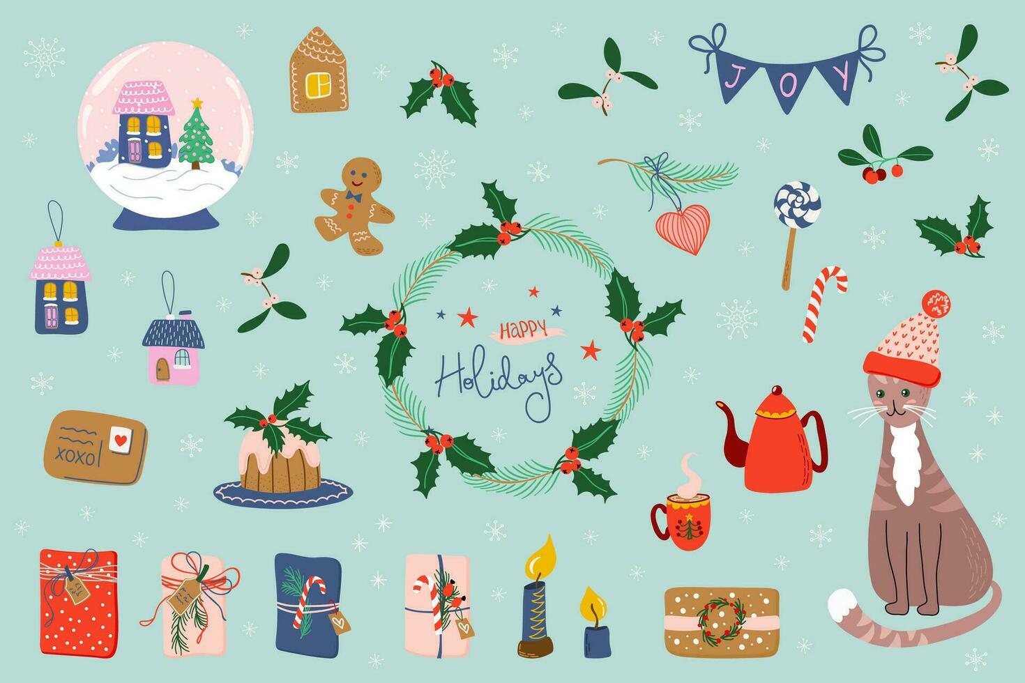 grande Navidad colocar. árbol decoraciones, planta guirnalda, pudín, regalos. hermosa invierno fiesta objetos. mano dibujado plano estilo vector ilustraciones.