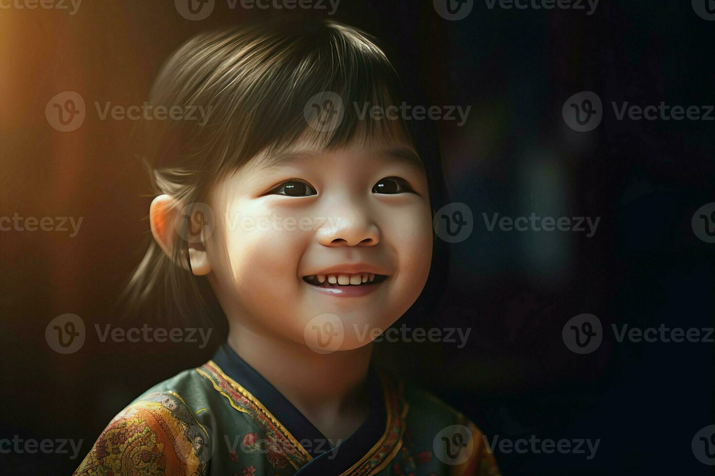 Smiling Chinese little girl wearing traditional kimono. Generate ai photo