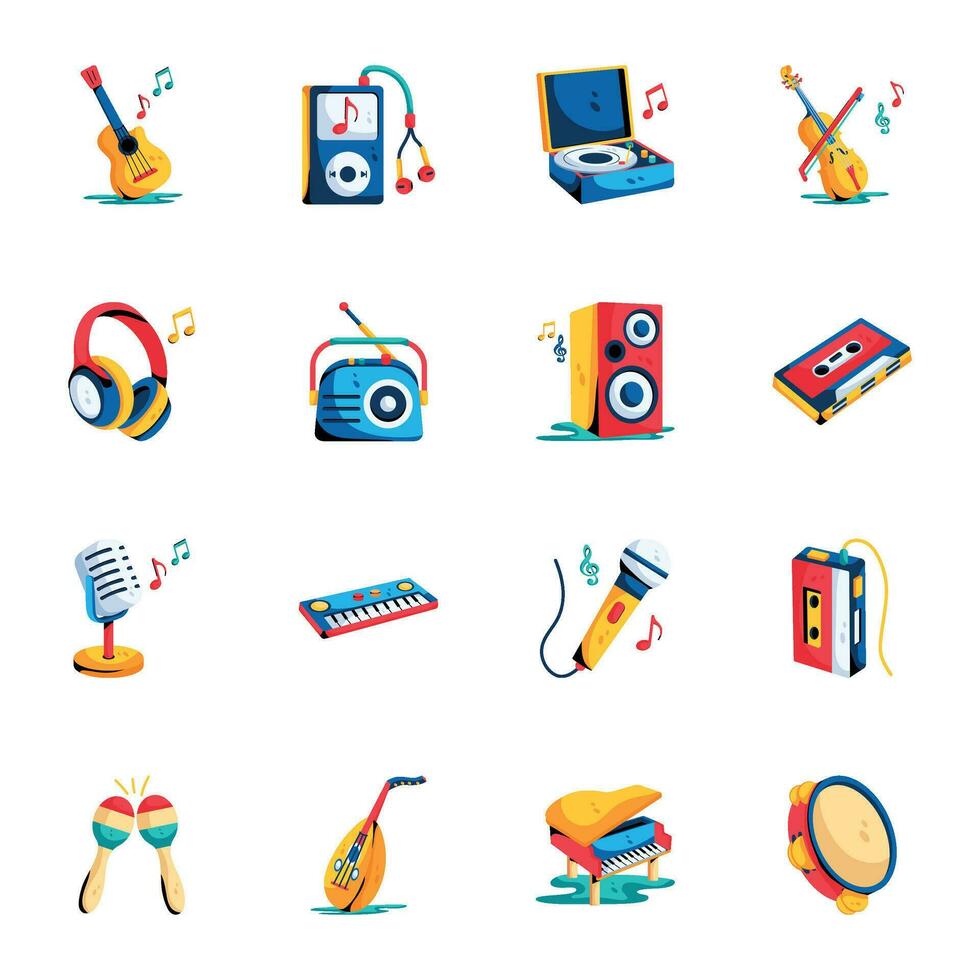 Pack of Music and Instruments Flat Icons vector