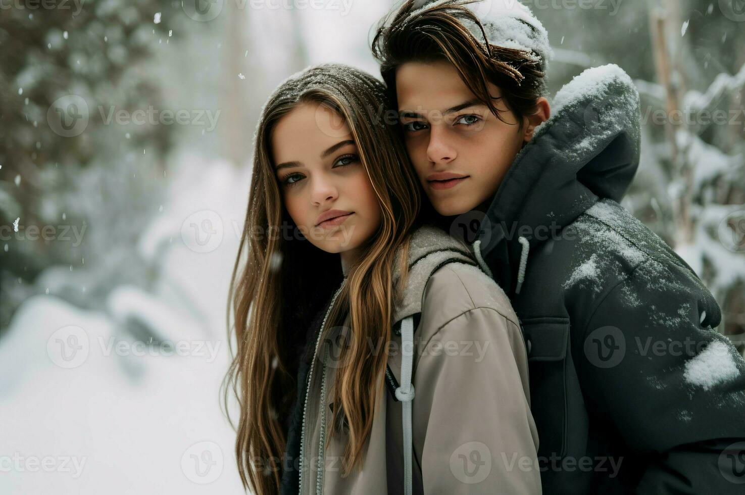 hermosa occidental adolescente Pareja en invierno antecedentes. generar ai foto