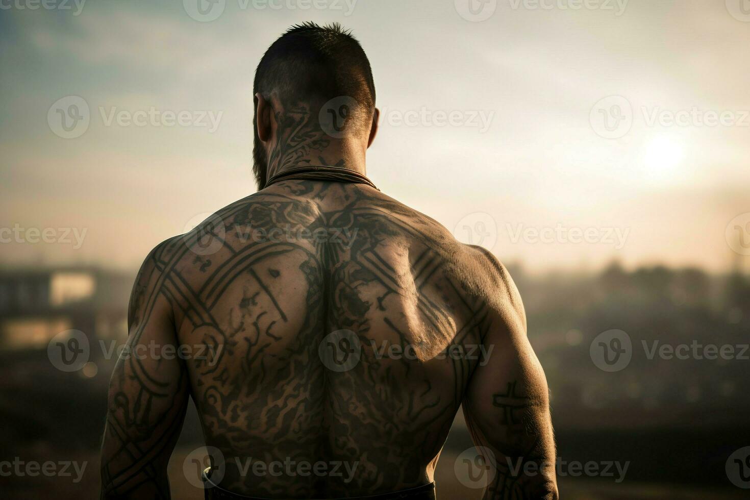Back view of tattooed gladiator brutal. Generate ai photo