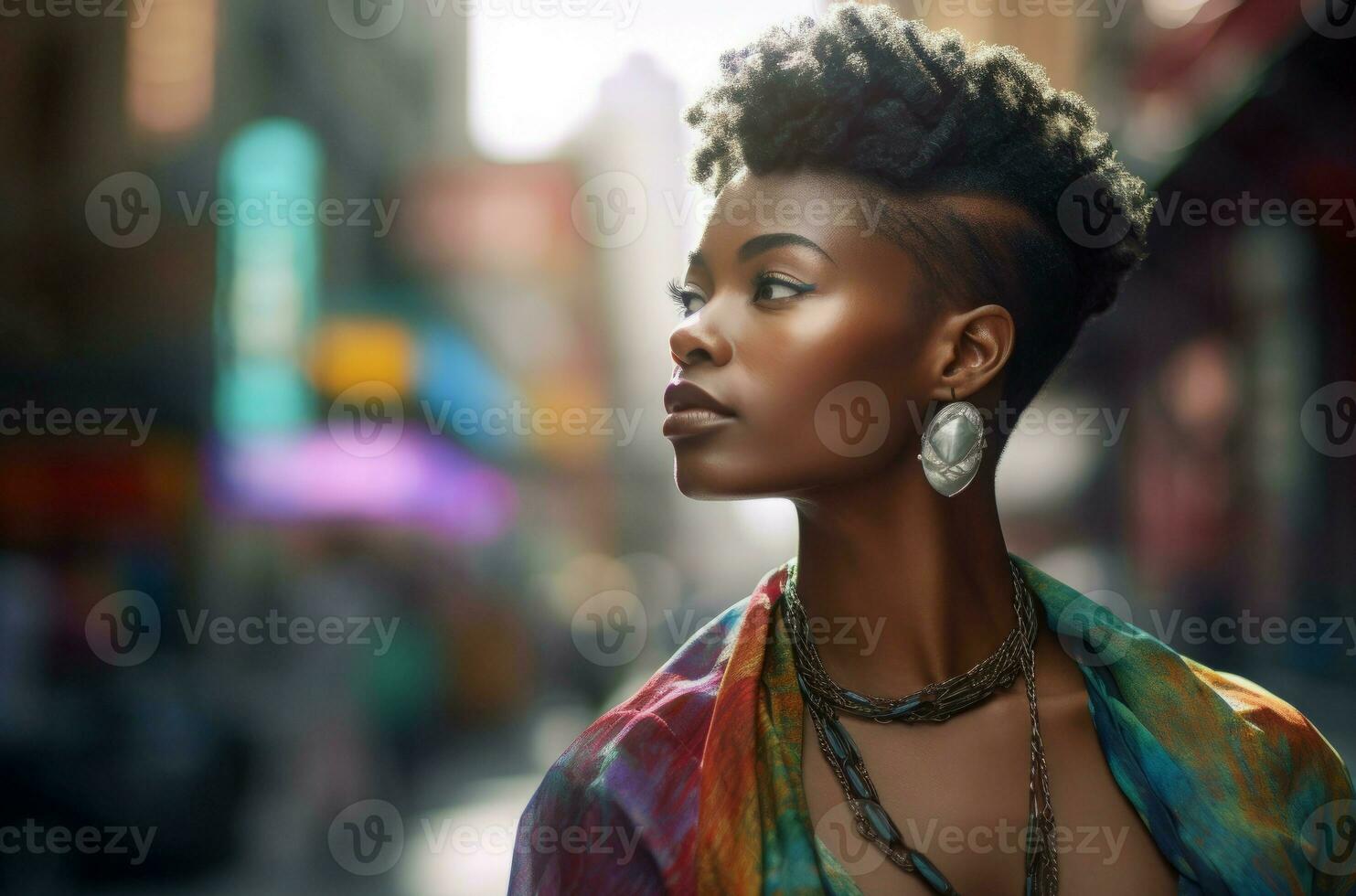 Blurry portrait of african female model single angle. Generate Ai photo