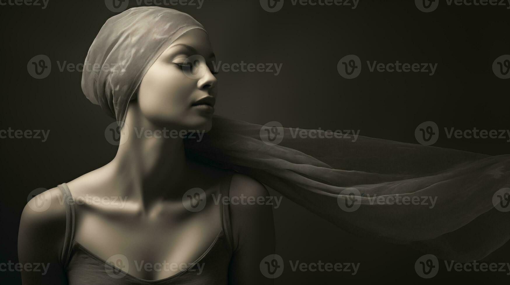 Embracing strength in gray tones on World Cancer Day. A woman, head adorned with a scarf, stands resilient against a muted backdrop. AI Generated photo