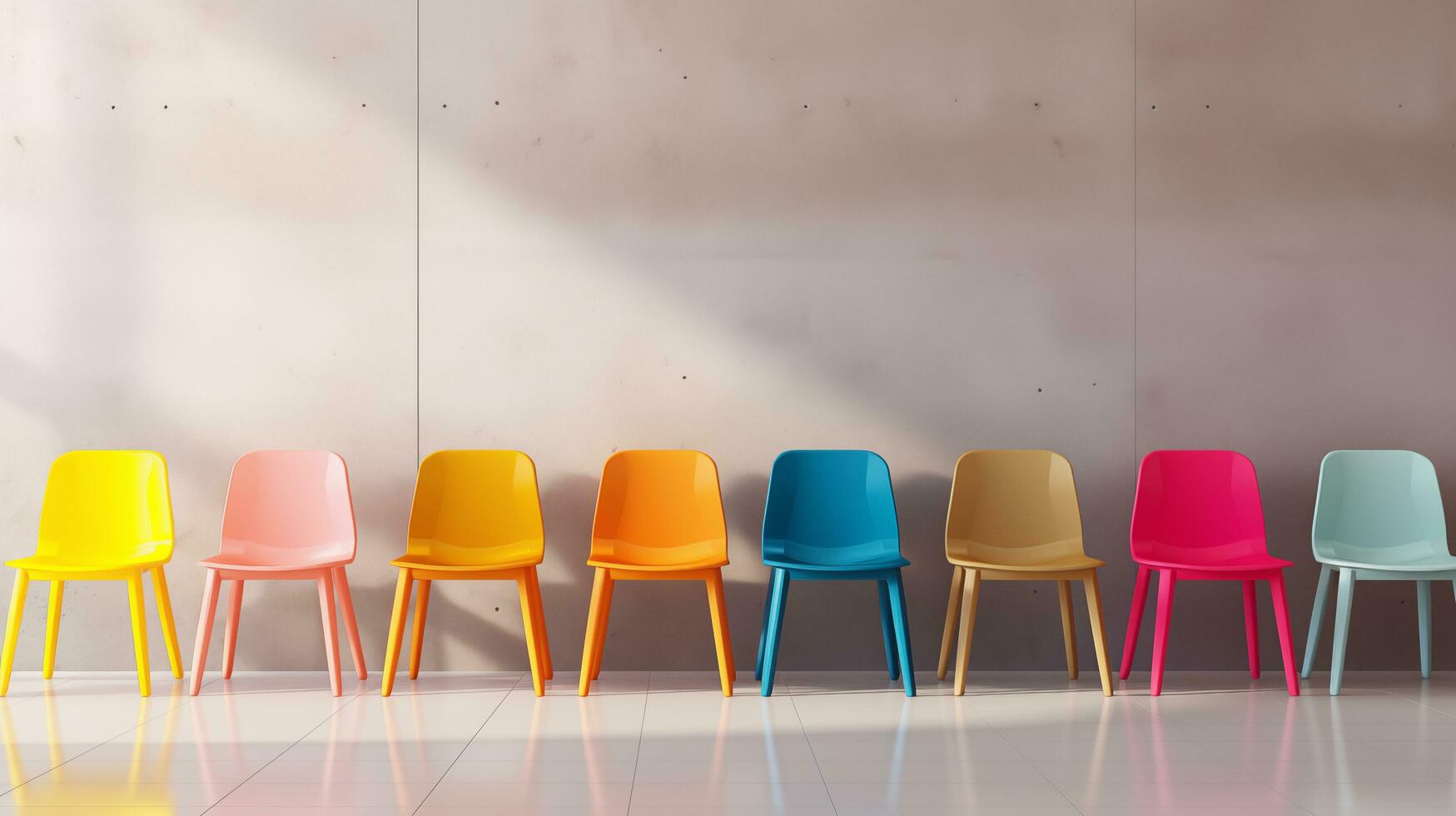 a row of colorful plastic chairs in front of a wall. AI Generated photo