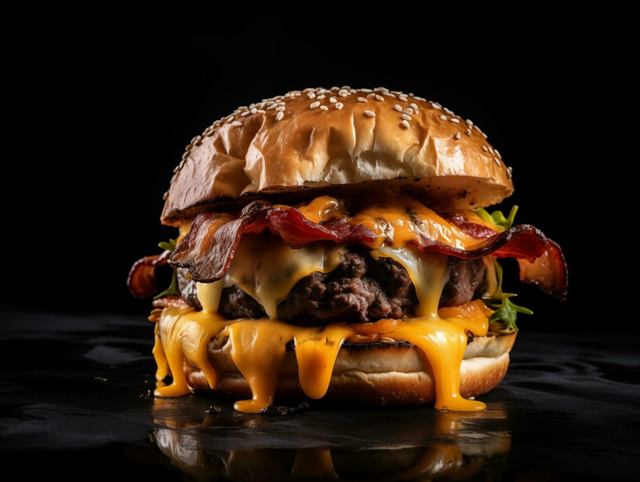 Cheeseburger with bacon and cheese on a black background - AI generated photo