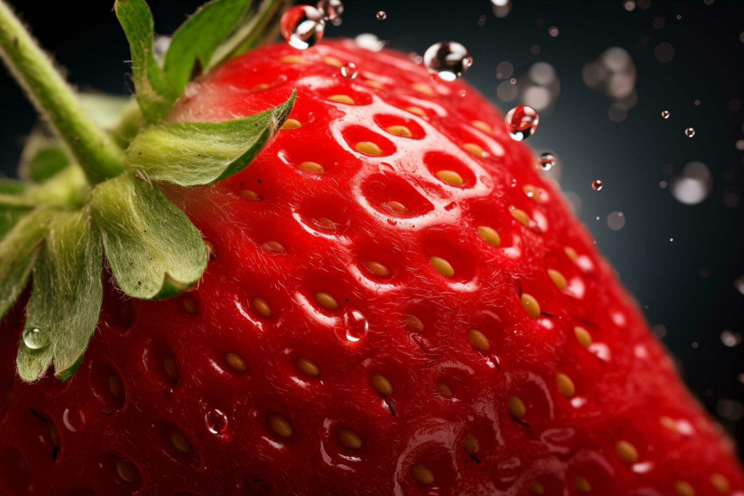 Strawberry with water drops on black background. Close up - AI Generated photo