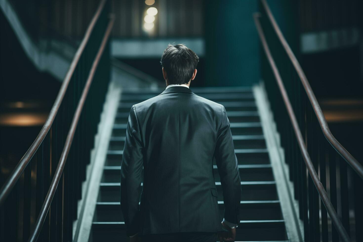 Back view of a young businessman standing on the stairs in an office building. AI Generated photo