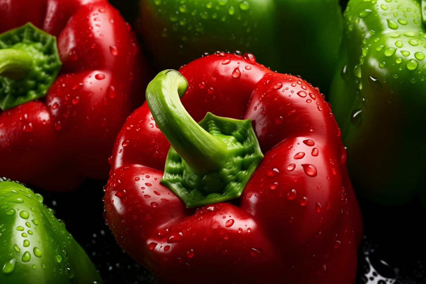 Fresh red and green bell peppers with water drops on black background, closeup. AI Generated photo