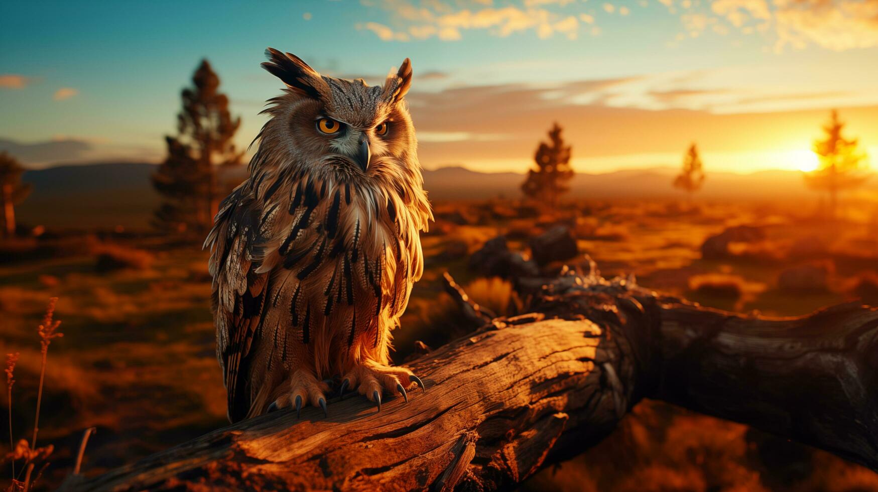 a large owl sitting on a branch in the sunset. AI generated photo