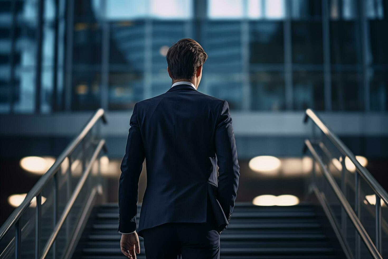 Back view of a young businessman walking up the stairs in an office building. AI Generated photo