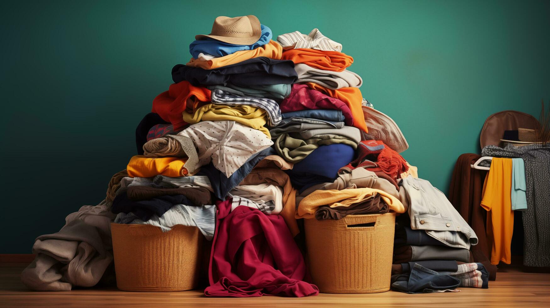 pila de ropa en un cesta en de madera piso en contra verde pared. ai generado foto