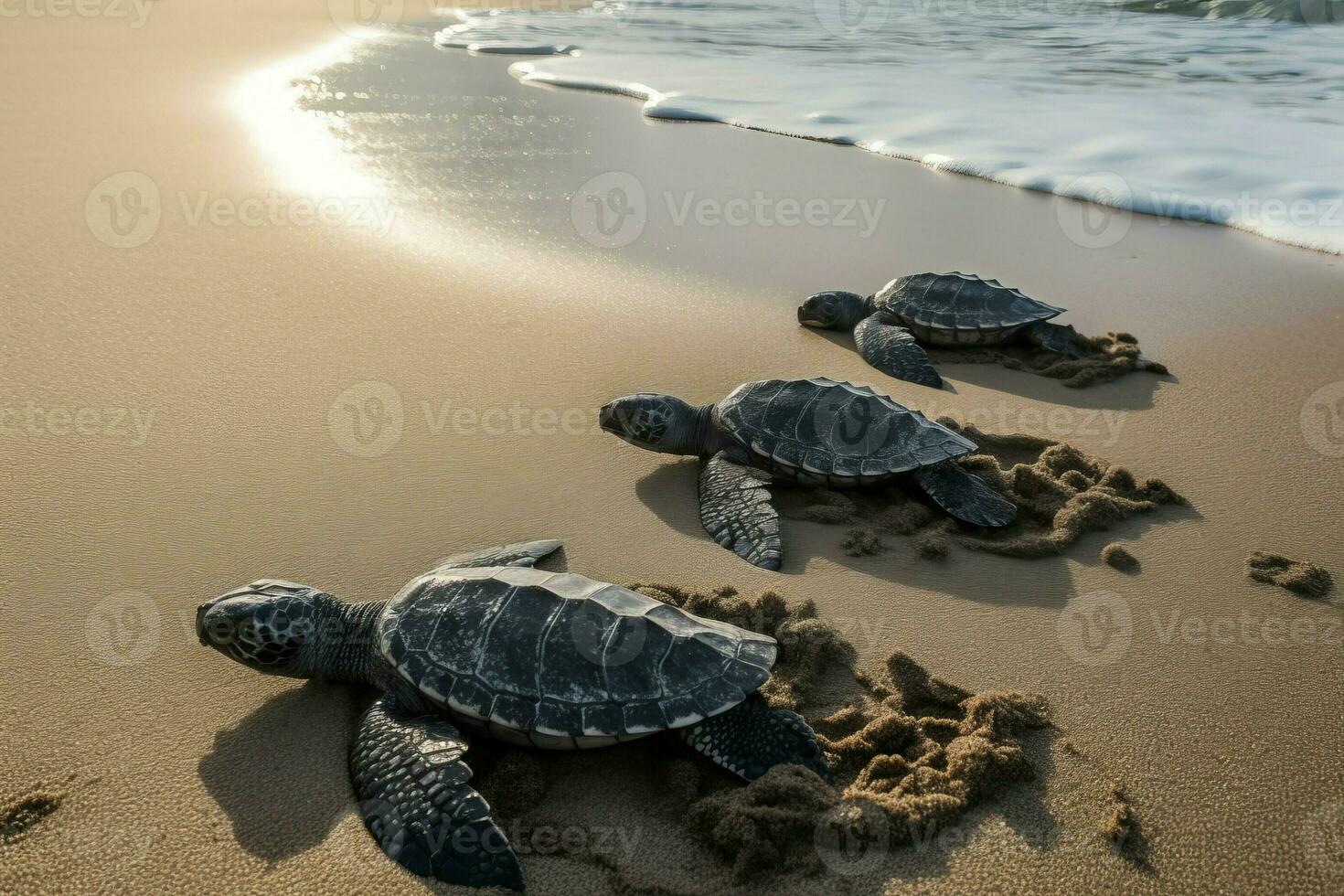 bebé tortugas en playa arena. generar ai foto