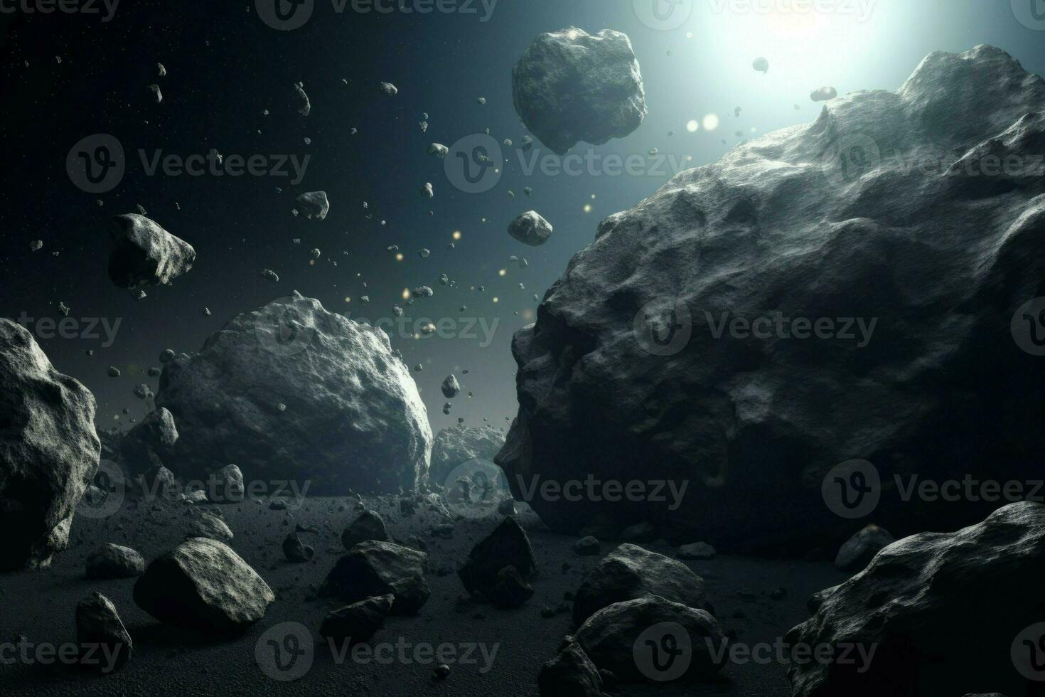 Various asteroid rocks flying on space field. Generate ai photo